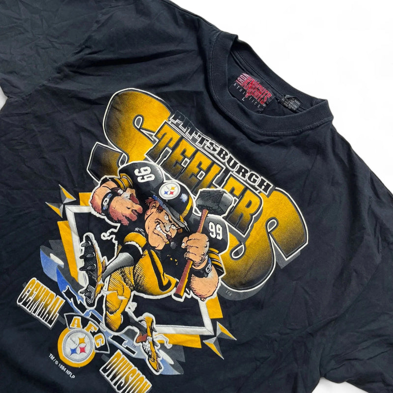 Vintage 90s NFL Graphic Print With Pittsburgh Steelers Design Featuring A Caricature Of A Player Holding A Hammer And Wearing Number 99, 'Central Division' Text T-shirt Black Size Large