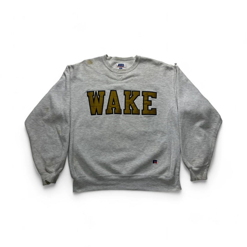 Vintage 80s Pro Russell Athletics Pro Cotton "WAKE" University Spellout Sweatshirt Gray Size Medium