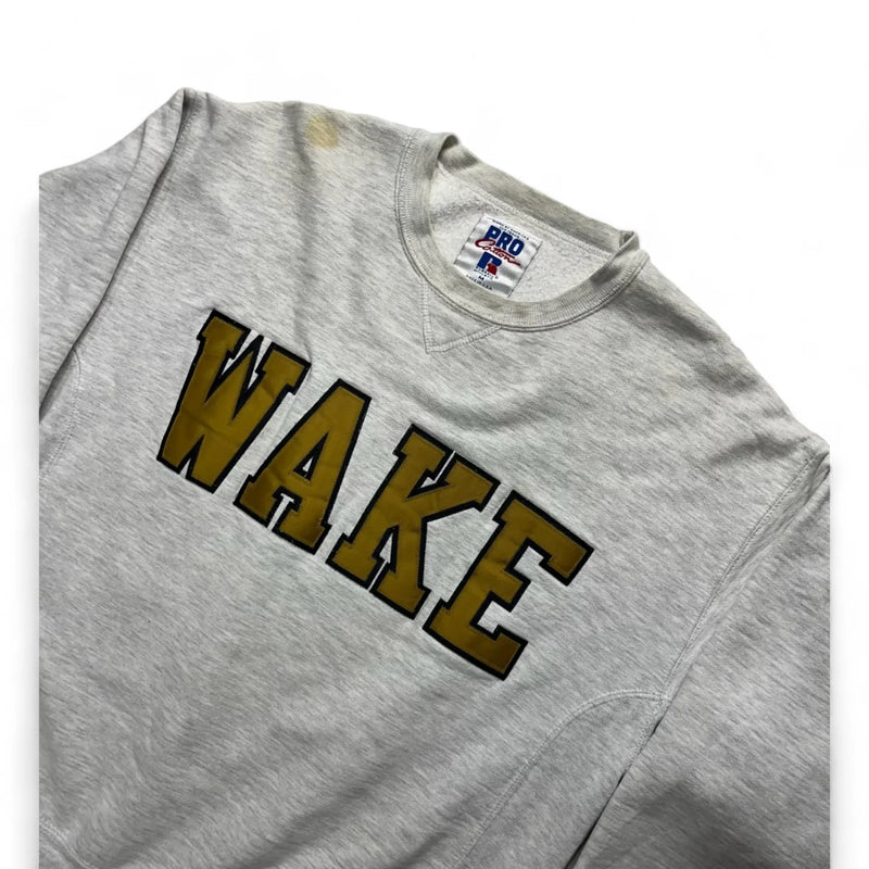 Vintage 80s Pro Russell Athletics Pro Cotton "WAKE" University Spellout Sweatshirt Gray Size Medium