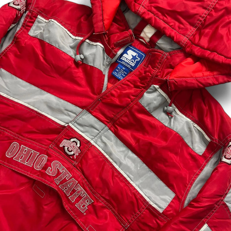 Vintage Y2K Starter Ohio State Printed, Reflective Striped Design, Starter Patch Logo Hooded Jacket Red Size Medium