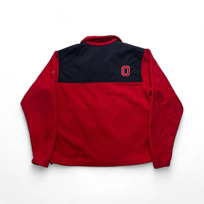 Vintage 90s / Y2K Columbia Red Fleece Jacket With Ohio State Embroidered Logo On Chest, Ohio State Emblem On Back, Branded Zipper Pull Jacket Red Size Medium