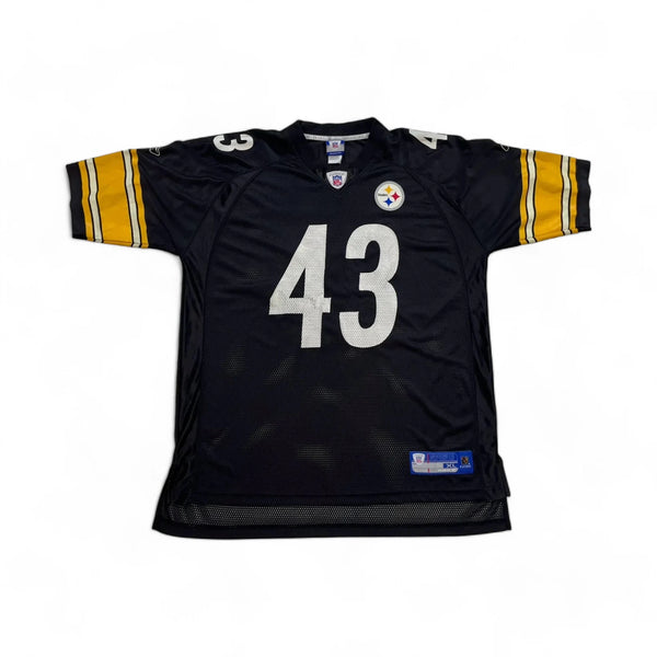 Vintage 2000s Reebok NFL NFL Pittsburgh Steelers Jersey, Number 43, With Yellow And White Accents, Player Name 'Polamalu' On Back, And Official NFL Branding Sports Jersey Black Size XXL