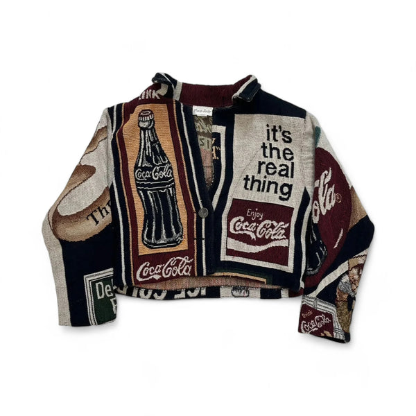 Vintage Paco Soler Coca-Cola Themed Tapestry Fabric Vintage "it's The Real Thing" Slogan Jacket Multicolor Size Small