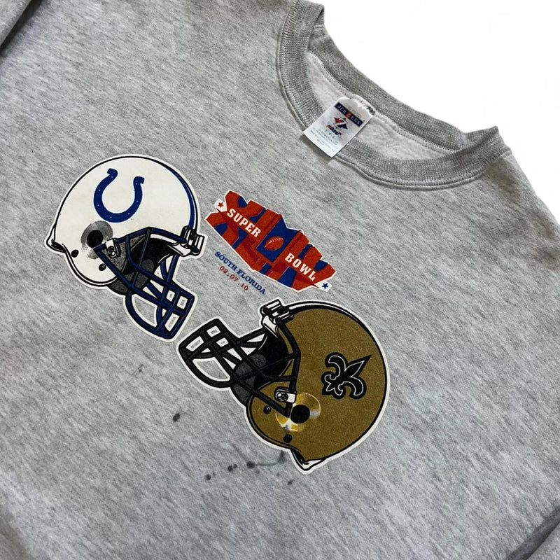 Vintage 90s Jerzees XL IV Super Bowl Graphic With Colts And Saints Helmets Sweatshirt Gray Size Large