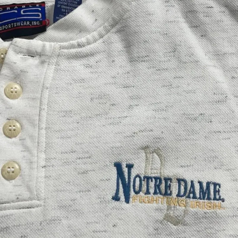 Vintage 90s Cable Sportswear Notre Dame Embroidered Logo, Button Placket, Speckled Texture Sweatshirt White Size Medium Center