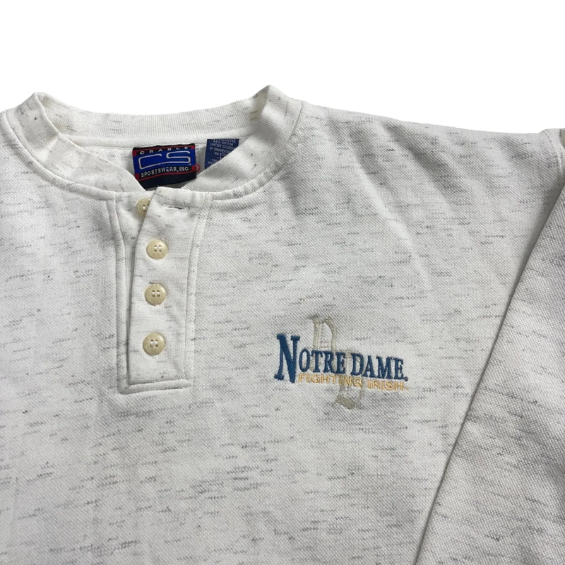 Vintage 90s Cable Sportswear Notre Dame Embroidered Logo, Button Placket, Speckled Texture Sweatshirt White Size Medium