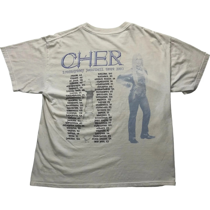 Vintage Y2K N/A Graphic Print Of Cher With "Cher Spellout", Living Proof Farewell Tour 2003 T-shirt White Size Large