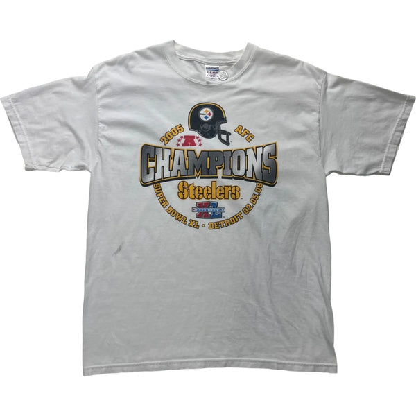 Vintage 90s Gildan White T-shirt With Steelers 2005 AFC Champions Design, Super Bowl XL Commemorative Print, Football Helmet Graphic, Black, Yellow, And Silver Lettering. T-shirt White Size Large