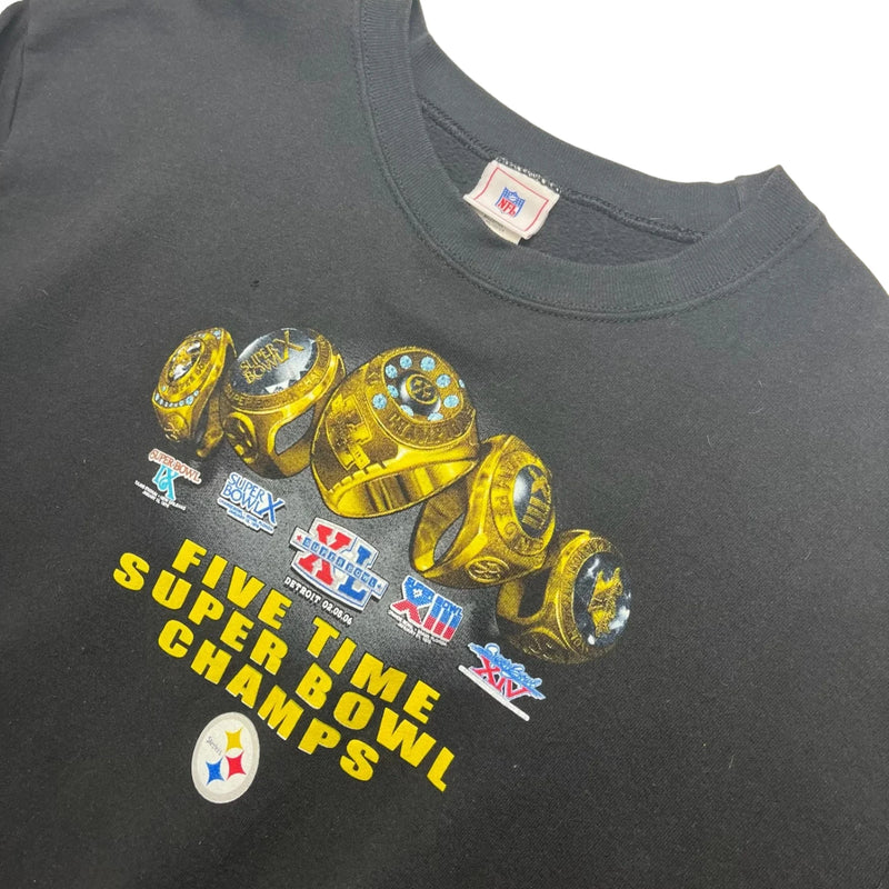 Vintage Y2K NFL Graphic Print Featuring Super Bowl Rings And Team Logos, Ribbed Cuffs And Hem. Sweatshirt Black Size Extra Large