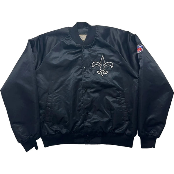 Vintage 90s NFL Glossy Fabric, Fleur-de-lis Emblem, NFL Sleeve Patch, Ribbed Cuffs And Collar Jacket Black Size XL