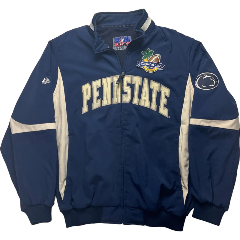 Vintage 90s Majestic Navy Varsity Jacket With Cream 'PENN STATE' Spellout, Capital One Bowl Patch, Fitted Cuffs Jacket Blue Size XL