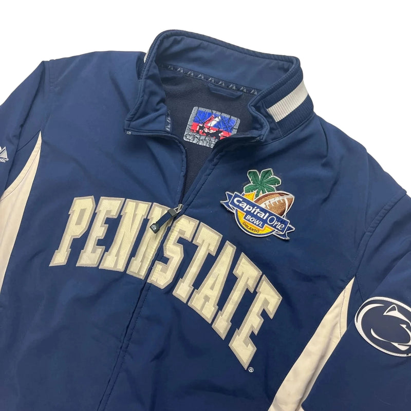 Vintage 90s Majestic Navy Varsity Jacket With Cream 'PENN STATE' Spellout, Capital One Bowl Patch, Fitted Cuffs Jacket Blue Size XL