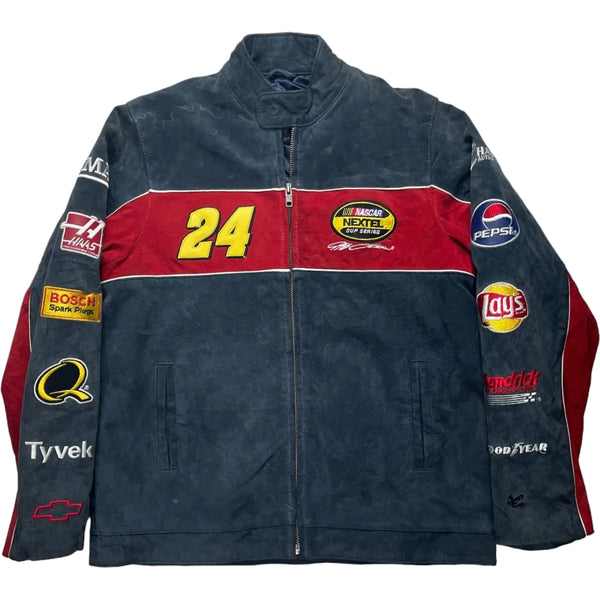 Vintage 00's Chase Authentic's Blue Racing Jacket With Red Stripe And Yellow Number 24. Features Embroidered Patches From NASCAR And Various Sponsors Like Pepsi And Lays. Jacket Blue Size Medium