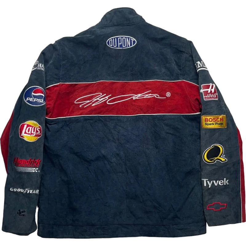 Vintage 00's Chase Authentic's Blue Racing Jacket With Red Stripe And Yellow Number 24. Features Embroidered Patches From NASCAR And Various Sponsors Like Pepsi And Lays. Jacket Blue Size Medium