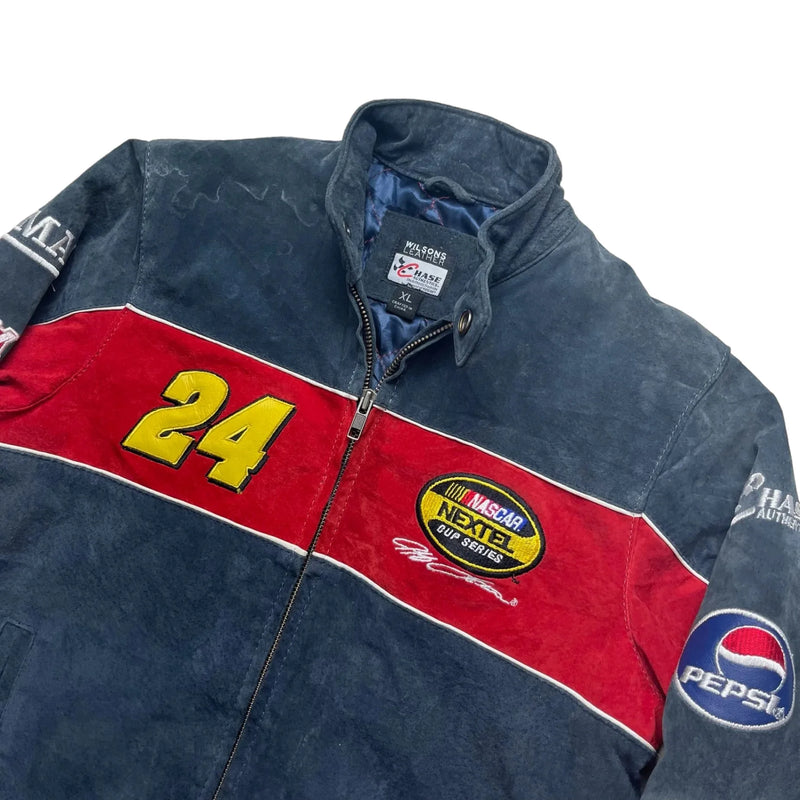 Vintage 00's Chase Authentic's Blue Racing Jacket With Red Stripe And Yellow Number 24. Features Embroidered Patches From NASCAR And Various Sponsors Like Pepsi And Lays. Jacket Blue Size Medium