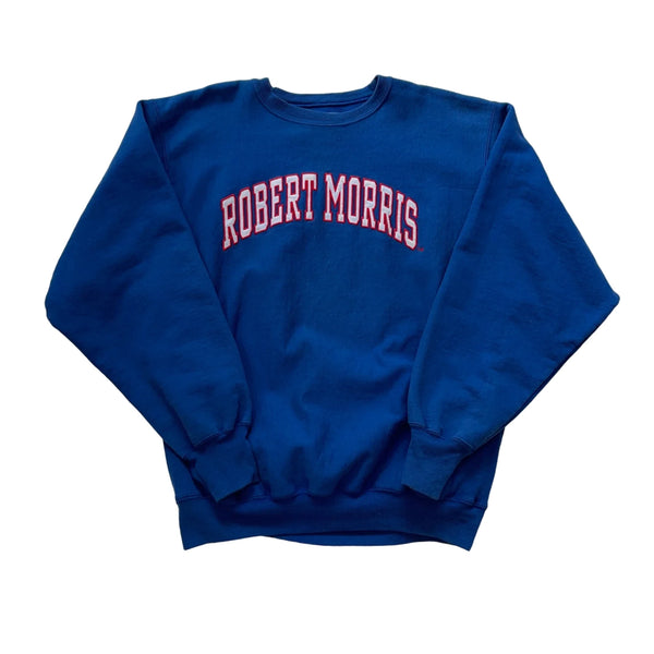 Vintage Steve & Barry's Bold 'Robert Morris' Text, Ribbed Cuffs And Hem, Crew Neck Sweatshirt Blue Size L