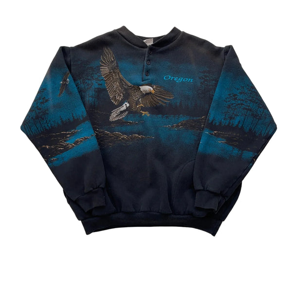 Vintage Art Unlimited Sportswear Graphic Of Eagle And Landscape, Henley Neckline, 'Oregon' Text. Sweatshirt Multicolor Size