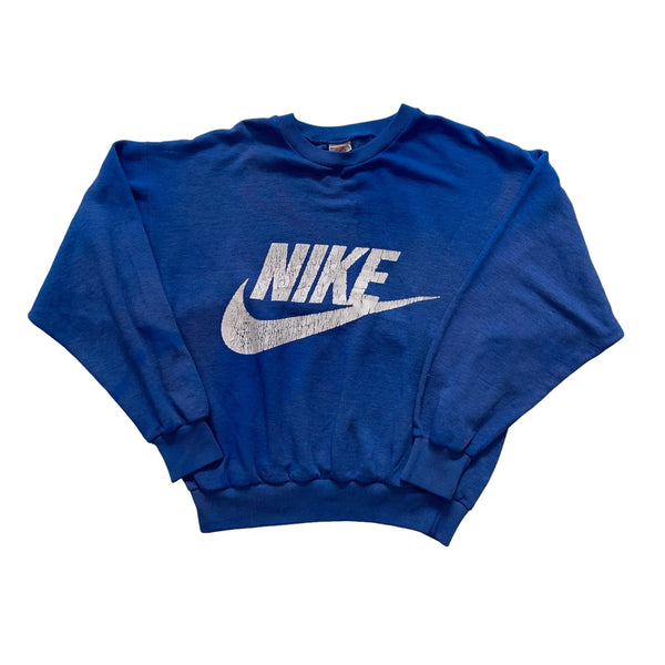 Vintage Nike Distressed White Nike Logo Print, Ribbed Cuffs And Hem, Soft Fabric Sweatshirt Blue Size M