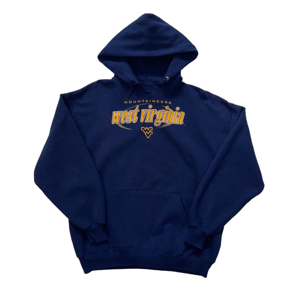 Vintage Fruit Of The Loom Vintage Style With 'West Virginia' And Logo Printed In Bold Yellow On Navy Fabric. Hoodie Navy Size XL