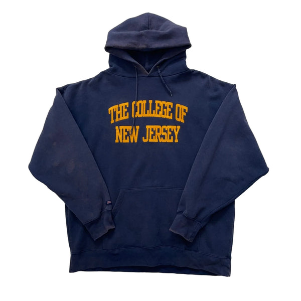 Vintage Jansport Navy Hoodie With Yellow Collegiate Print; Drawstring Hood, Kangaroo Pocket, Ribbed Cuffs And Hem. Hoodie Navy Size XL