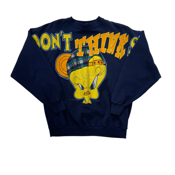 Vintage Looney Tunes Graphic Print Of A Cartoon Character With Text, Plaid Cap Design, Ribbed Cuffs And Hem, Minor Sleeve Wear Sweatshirt Navy Size