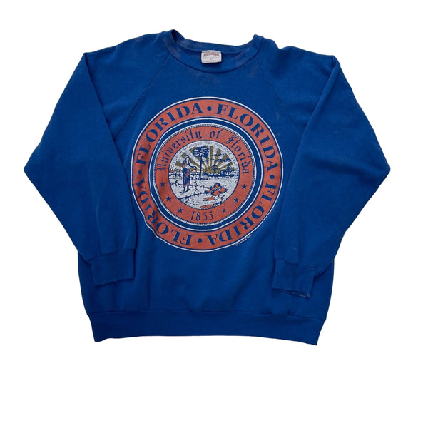 Vintage Nutmeg Blue Sweatshirt Featuring The University Of Florida Emblem In Orange And White, Raglan Sleeves, And Ribbed Trim. Sweatshirt Blue Size XL