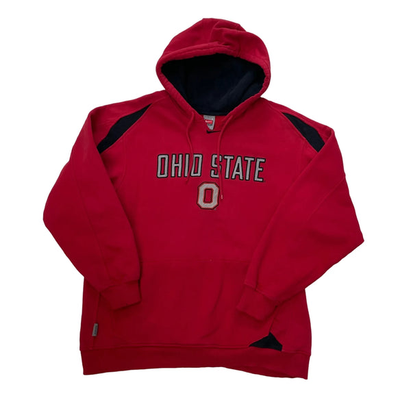 Vintage Nike Hoodie With 'Ohio State' Bold Embroidered Text And 'O' Emblem, Black Shoulder Inserts, Black Hood Lining. Hoodie Red Size L