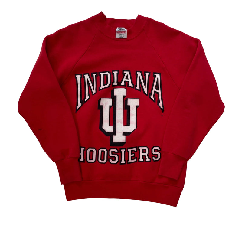 Vintage Oneita Features 'Indiana Hoosiers' And 'IU' Appliqué, Crewneck, Raglan Sleeves, Ribbed Cuffs And Hem. Sweatshirt Red Size M