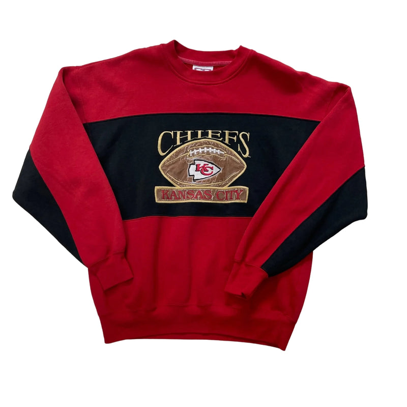 Vintage Crable Sportswear Crewneck Sweatshirt With 'CHIEFS' And 'KANSAS CITY' Embroidery, Football Logo, Black Midsection, Brand Logo On Sleeve. Sweatshirt Red Size L