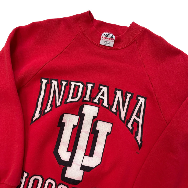 Vintage Oneita Features 'Indiana Hoosiers' And 'IU' Appliqué, Crewneck, Raglan Sleeves, Ribbed Cuffs And Hem. Sweatshirt Red Size M