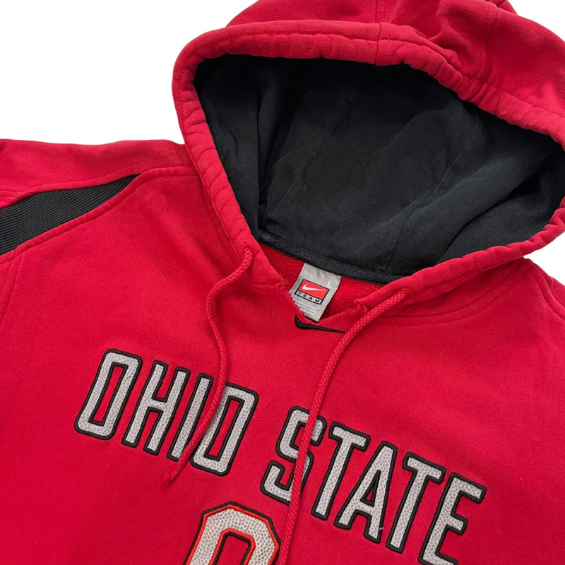 Vintage Nike Hoodie With 'Ohio State' Bold Embroidered Text And 'O' Emblem, Black Shoulder Inserts, Black Hood Lining. Hoodie Red Size L