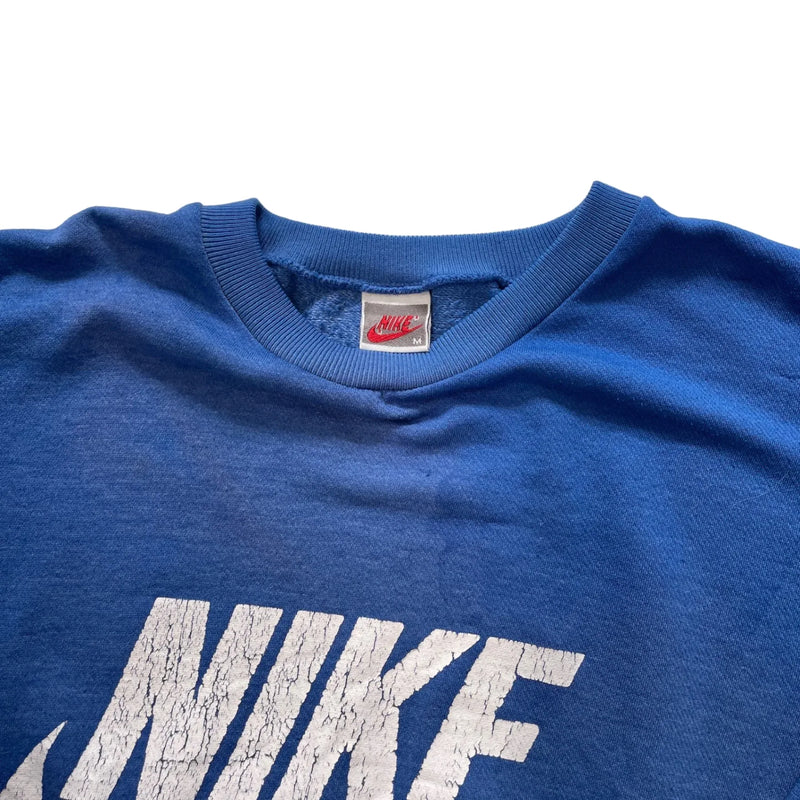 Vintage Nike Distressed White Nike Logo Print, Ribbed Cuffs And Hem, Soft Fabric Sweatshirt Blue Size M