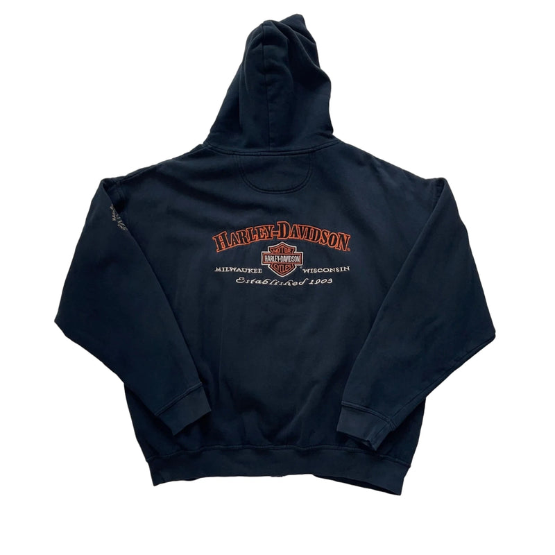 Vintage Harley-Davidson Embroidered Harley-Davidson Logos On Chest And Arm, Drawstring Hood, Ribbed Cuffs And Hem. Hoodie Black Size XXL