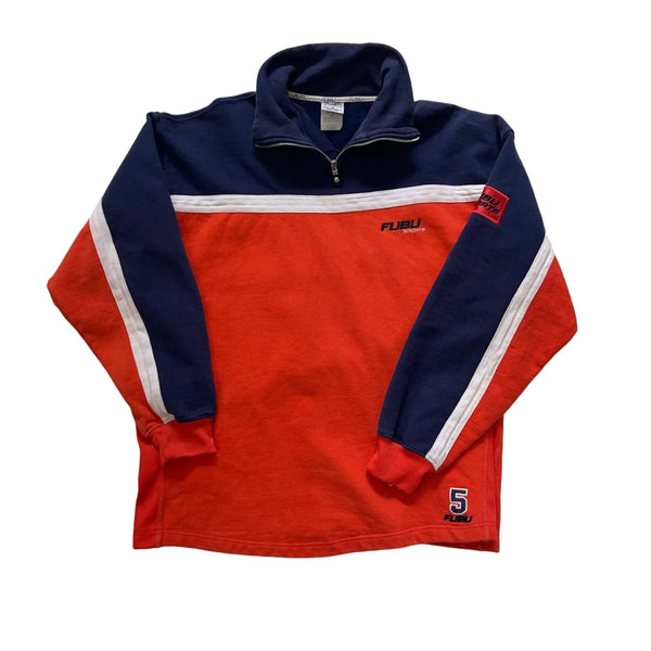 Vintage FUBU Red And Navy Color Block With White Stripes, High-collar Quarter-zip, Ribbed Cuffs, '5' And 'FUBU' Branding, Vintage 90s Style. Sweatshirt Red Size XL