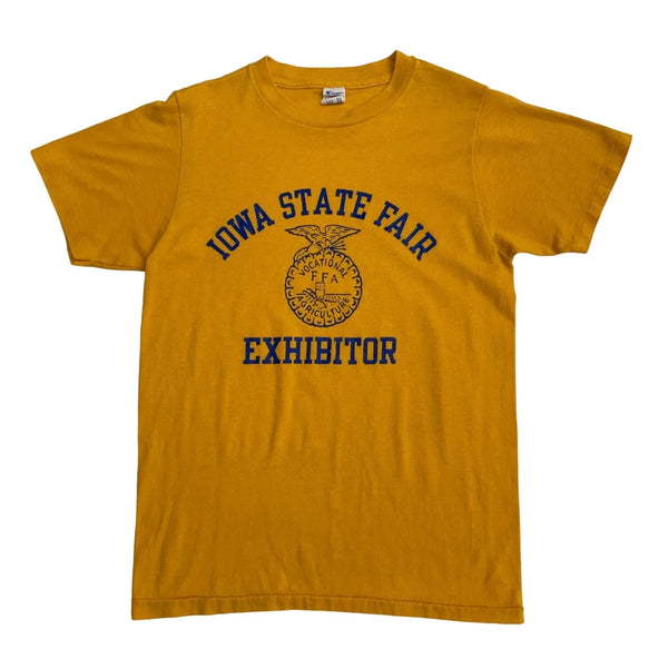 Vintage Champion Yellow Crew Neck T-shirt With 'Iowa State Fair Exhibitor' Blue Print And Emblem. T-shirt Yellow Size L