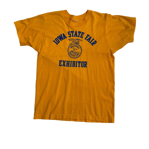 Vintage Yellow T-shirt With 'Iowa State Fair Exhibitor' In Blue Text And Emblem On The Front. T-shirt Yellow Size