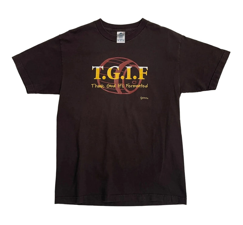 Vintage Alstyle Brown T-shirt With 'T.G.I.F Thank God It's Fermented' Print, Crew Neck, Short Sleeves. T-Shirt Brown Size M