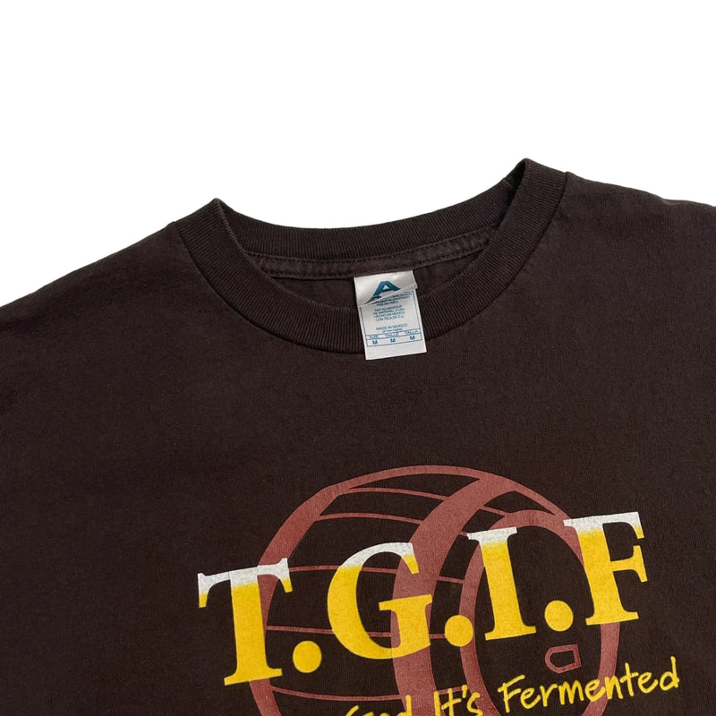 Vintage Alstyle Brown T-shirt With 'T.G.I.F Thank God It's Fermented' Print, Crew Neck, Short Sleeves. T-Shirt Brown Size M