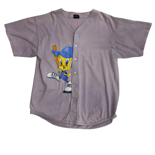 Vintage Garment Graphics Activewear Features Tweety Bird In A Baseball Outfit, Lavender Color, Button-down. Button Up Grey Size L