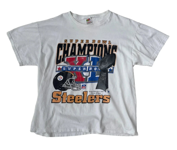 Vintage Fruit Of The Loom Graphic Print With Super Bowl XL And Steelers Championship Design. T-shirt White Size