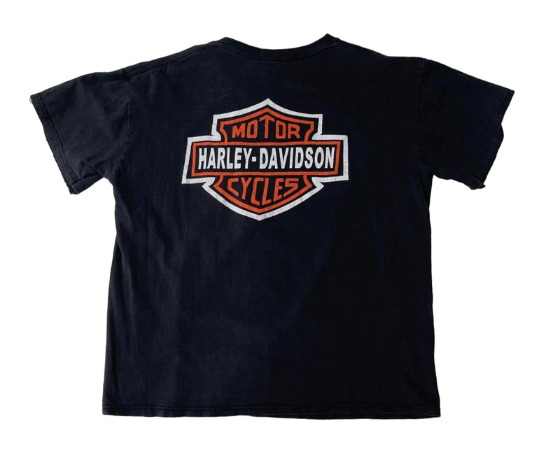 Vintage Harley-Davidson Harley-Davidson Logo On Back And Front, Eagle And Red Motorcycle Image On Front, 'ZHONGGUOSHANGHAI' Text. T-shirt Black Size