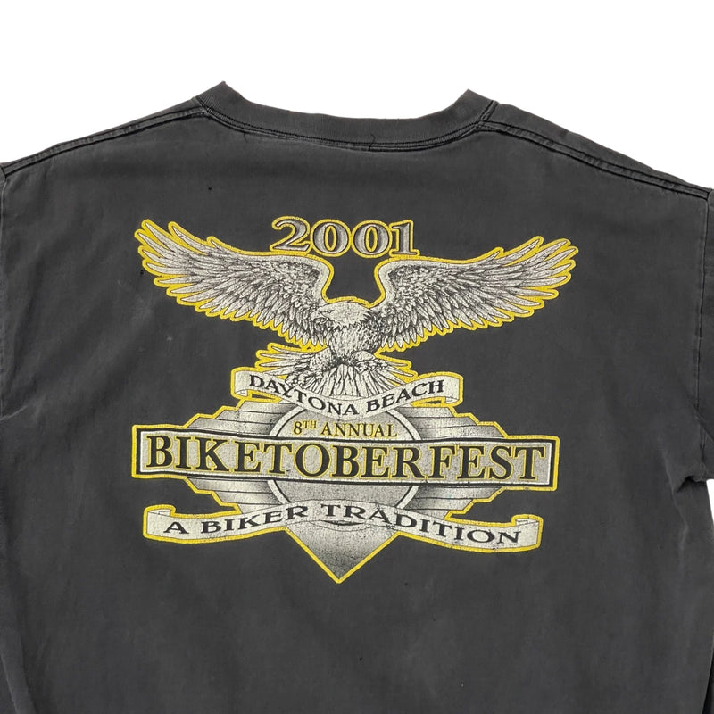 Vintage Biketoberfest Front And Back Printed Biketoberfest Graphics, Intricate Eagle And Skeleton Biker Designs. T-shirt Black Size