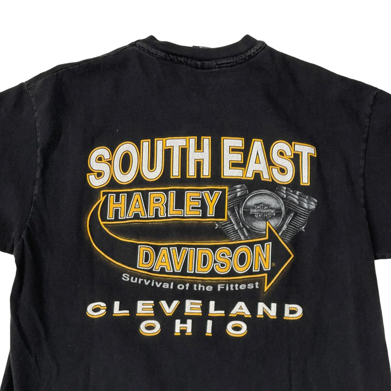 Vintage Harley Davidson Features A Harley Davidson Graphic With Engine Illustration And Vibrant Text In Orange And White. T-Shirt Black Size