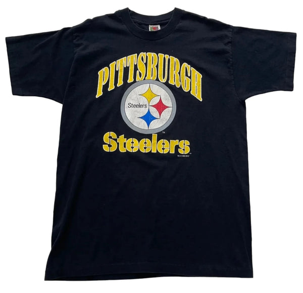 Vintage Fruit Of The Loom Vintage Pittsburgh Steelers T-shirt With Team Logo And Text On Front And 'STEWART' Text On Back, 1990s T-Shirt Black Size