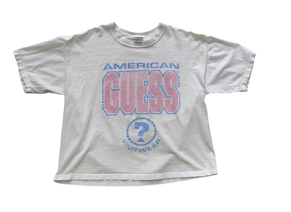 Vintage GUESS Retro 'American GUESS Knitwear' Print In Blue And Pink, Crewneck, Short Sleeves T-shirt White Size