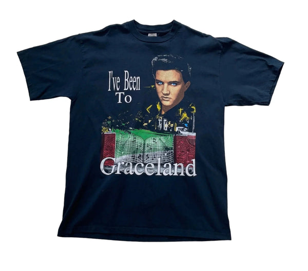 Vintage Jerzees Black T-shirt Featuring A Front Graphic Print Of A Famous Music Figure And The Text 'I've Been To Graceland.' T-Shirt Black Size