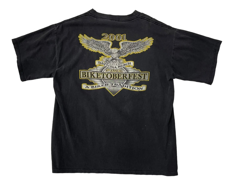 Vintage Biketoberfest Front And Back Printed Biketoberfest Graphics, Intricate Eagle And Skeleton Biker Designs. T-shirt Black Size