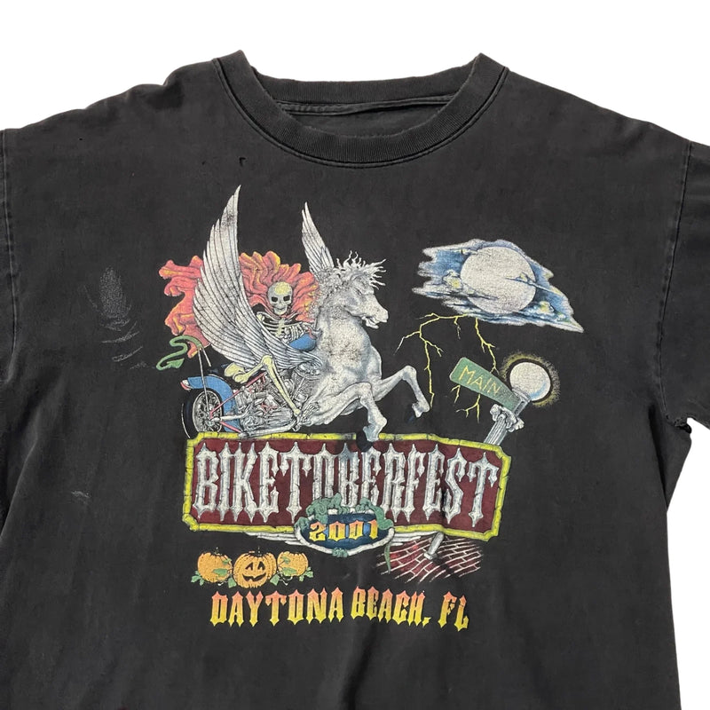 Vintage Biketoberfest Front And Back Printed Biketoberfest Graphics, Intricate Eagle And Skeleton Biker Designs. T-shirt Black Size