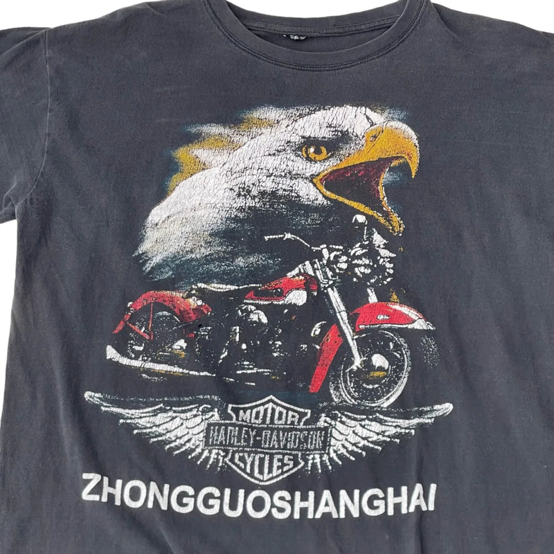 Vintage Harley-Davidson Harley-Davidson Logo On Back And Front, Eagle And Red Motorcycle Image On Front, 'ZHONGGUOSHANGHAI' Text. T-shirt Black Size