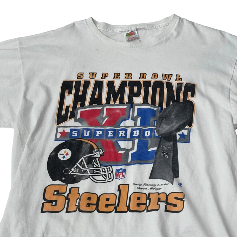 Vintage Fruit Of The Loom Graphic Print With Super Bowl XL And Steelers Championship Design. T-shirt White Size